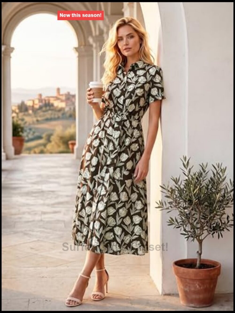 Women's Work Business Casual Tie Waist Midi Shirt Dress, Lightweight Polyester - Picture 6 of 6